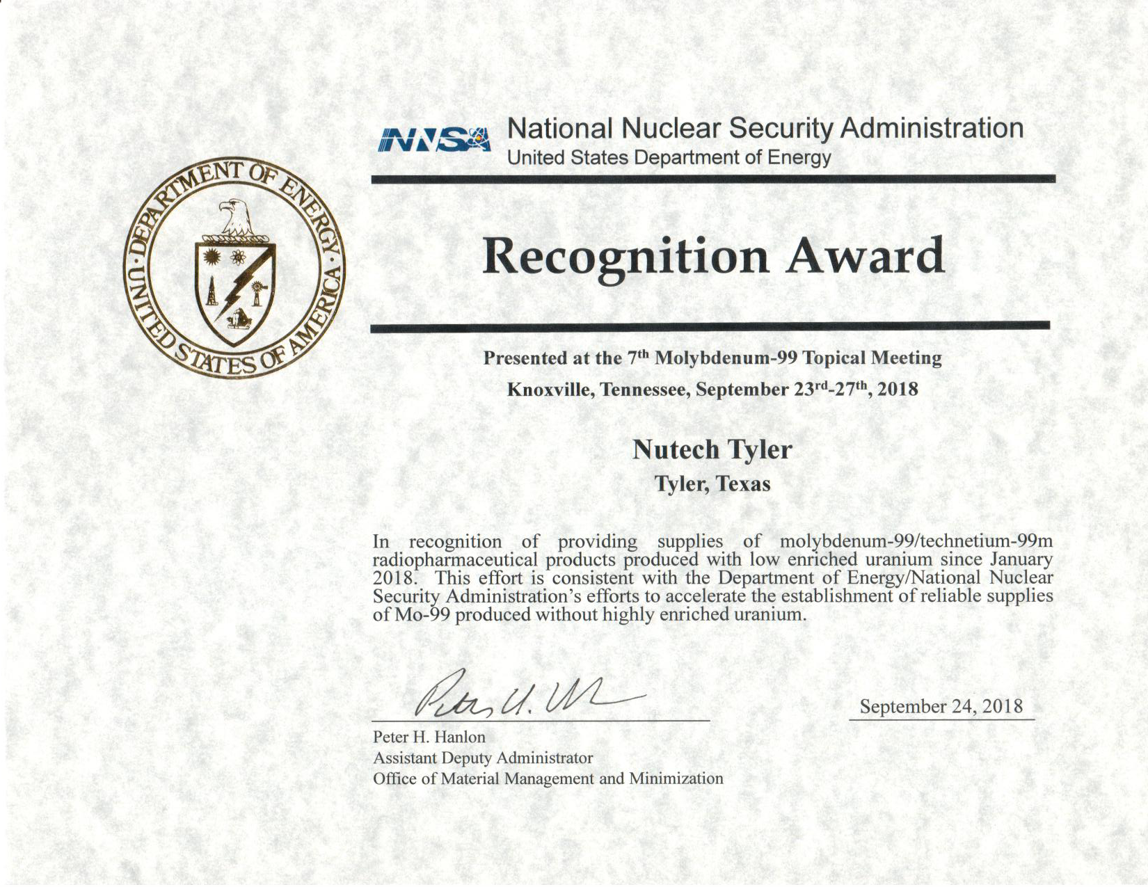 Tyler Texas award certificate